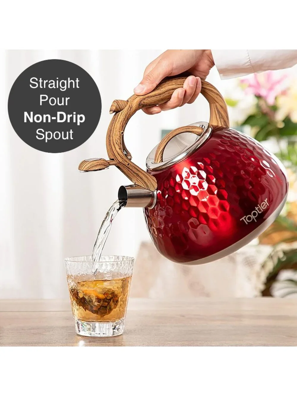Red Kitchen Whistling Tea Kettle 2.7-QT Stainless Steel Diamond Design Stovetop